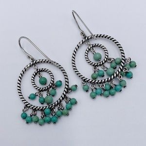 Sterling Silver Signed 925 Beaded Turquoise Stone Layer Circle Dangle Earrings
